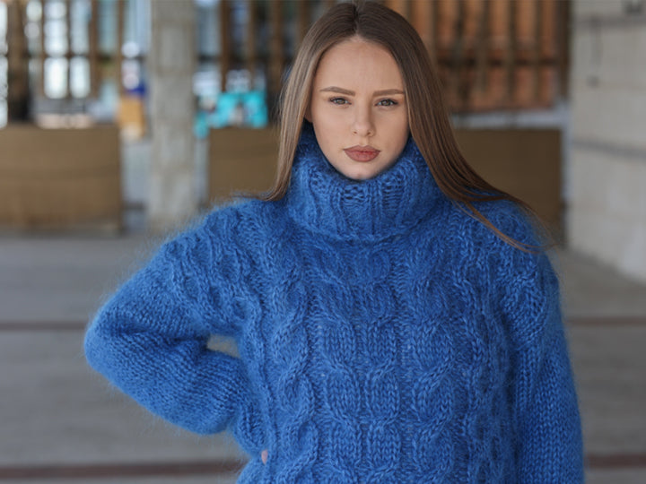 Blue Mohair Sweater, Cable Knit Turtleneck, 3 Strand Hand Knitted Pullover, Soft Fluffy Texture T2222