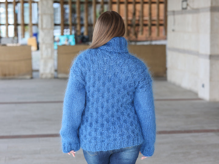 Blue Mohair Sweater, Cable Knit Turtleneck, 3 Strand Hand Knitted Pullover, Soft Fluffy Texture T2222