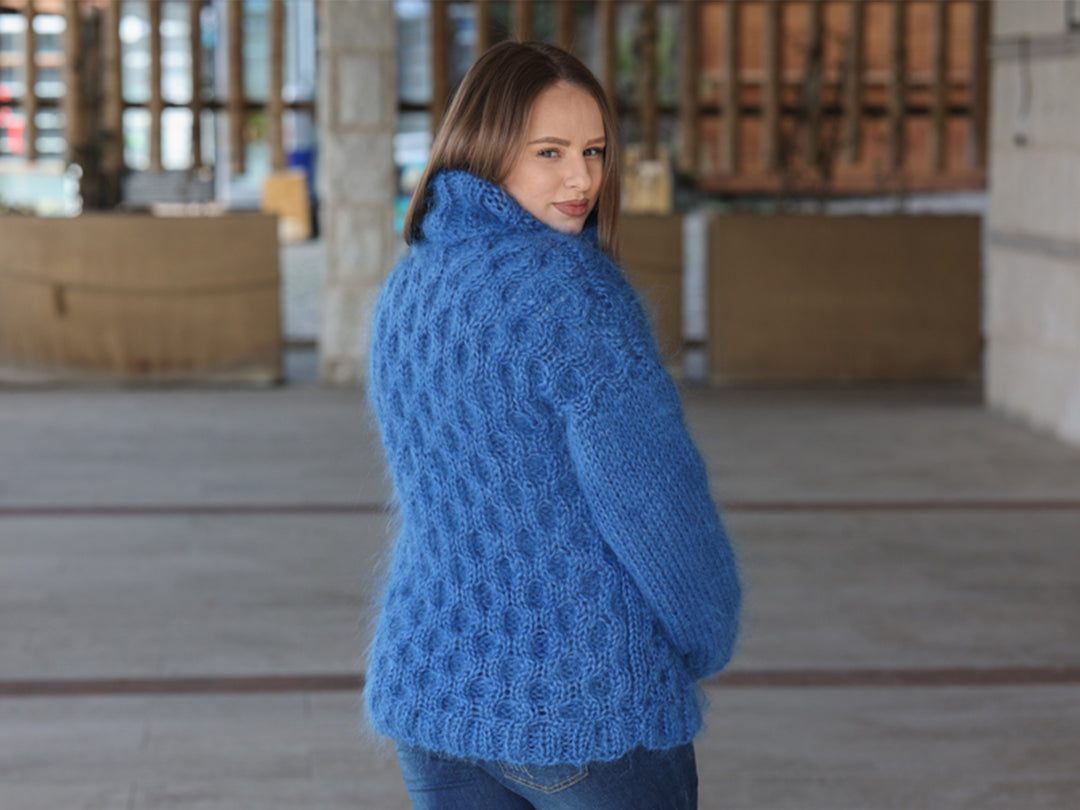 Blue Mohair Sweater, Cable Knit Turtleneck, 3 Strand Hand Knitted Pullover, Soft Fluffy Texture T2222