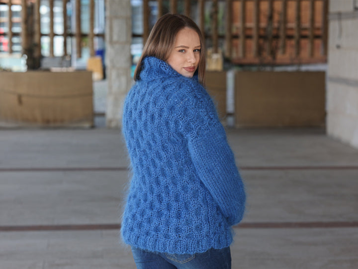 Blue Mohair Sweater, Cable Knit Turtleneck, 3 Strand Hand Knitted Pullover, Soft Fluffy Texture T2222