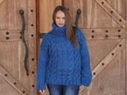 Pull bleu en mohair, col roulé torsadé, tricoté à la main 3 brins, texture douce et duveteuse T2222