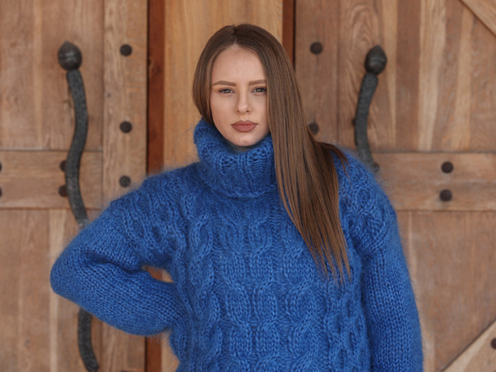 Blue Mohair Sweater, Cable Knit Turtleneck, 3 Strand Hand Knitted Pullover, Soft Fluffy Texture T2222