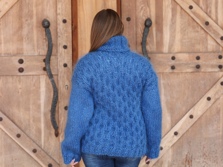 Blue Mohair Sweater, Cable Knit Turtleneck, 3 Strand Hand Knitted Pullover, Soft Fluffy Texture T2222