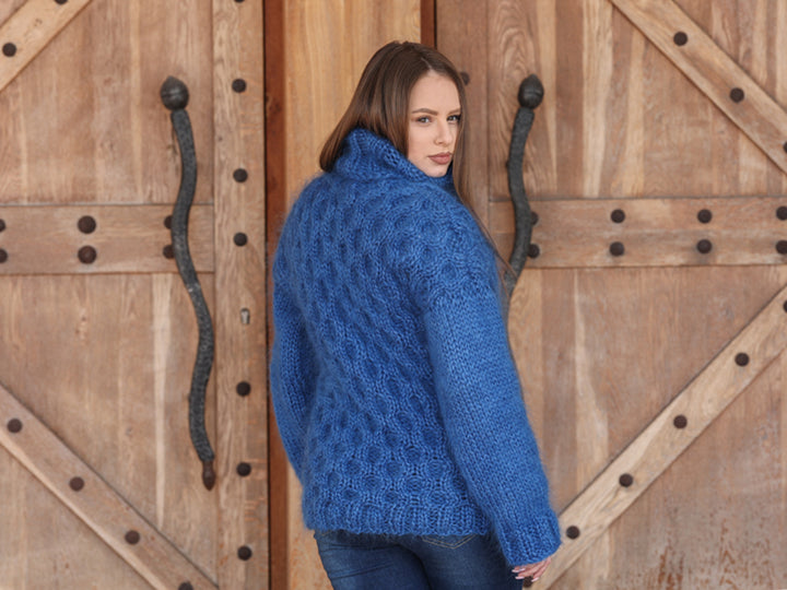 Blue Mohair Sweater, Cable Knit Turtleneck, 3 Strand Hand Knitted Pullover, Soft Fluffy Texture T2222
