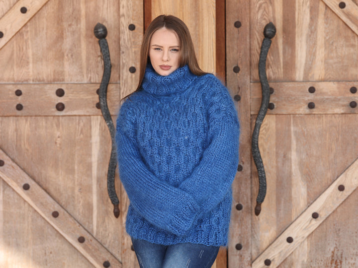 Blue Mohair Sweater, Cable Knit Turtleneck, 3 Strand Hand Knitted Pullover, Soft Fluffy Texture T2223