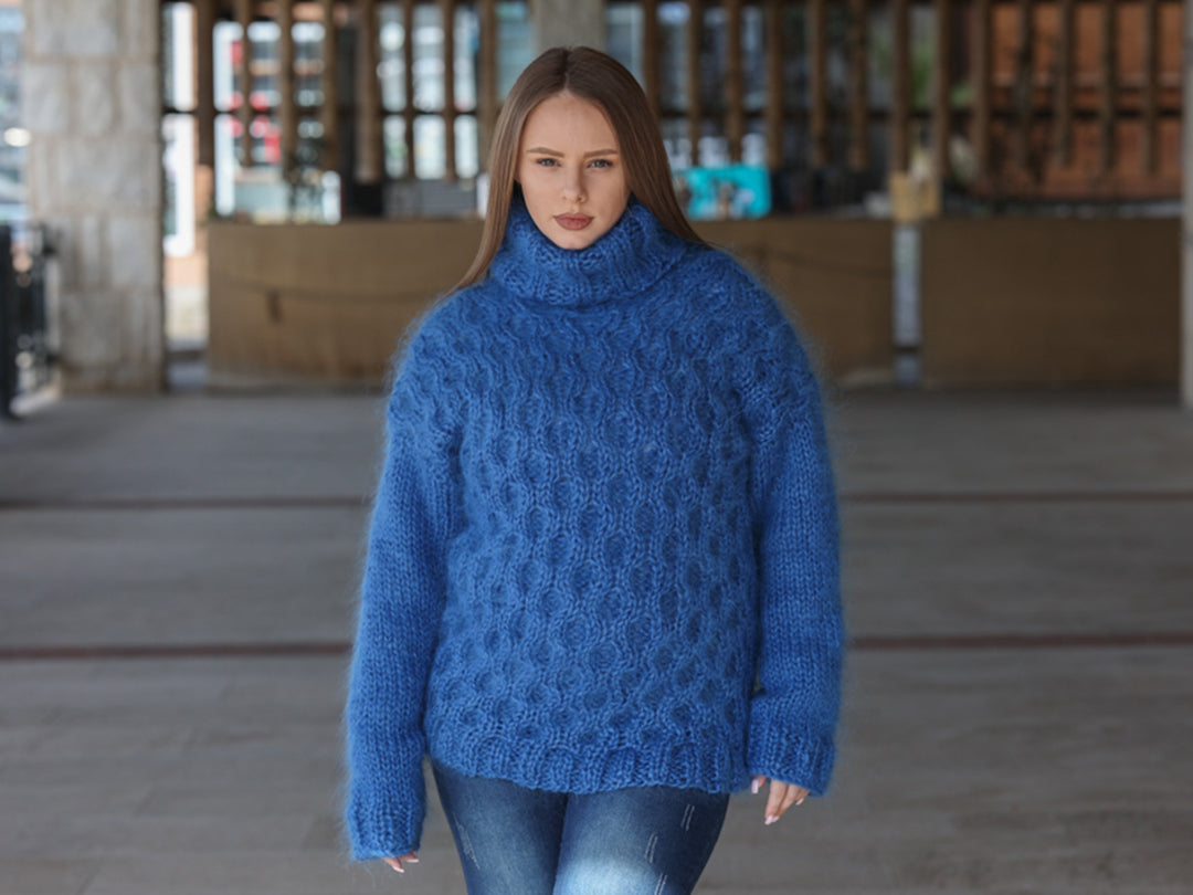 Blue Mohair Sweater, Cable Knit Turtleneck, 3 Strand Hand Knitted Pullover, Soft Fluffy Texture T2223