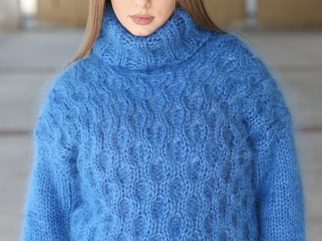 Blue Mohair Sweater, Cable Knit Turtleneck, 3 Strand Hand Knitted Pullover, Soft Fluffy Texture T2223