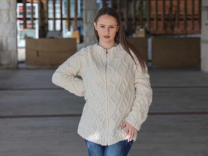 Baby Alpaca Cardigan, Hand Knit Cable Sweater, Cream Zip Front, Soft Lightweight Fit T2210