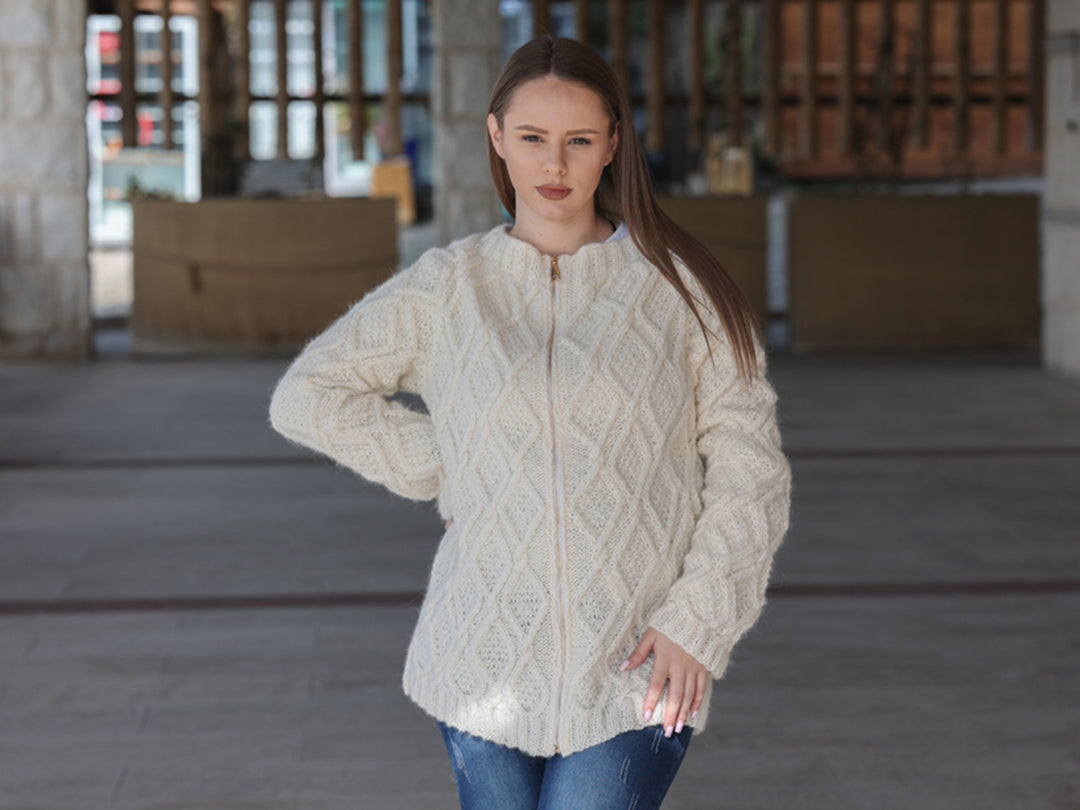 One available in size 2XL , Baby Alpaca Cardigan, Hand Knit Cable Zip Sweater T2210