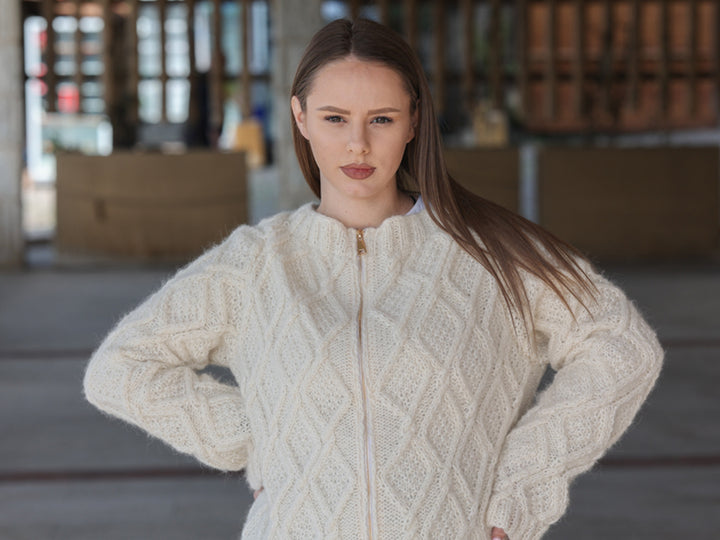 Baby Alpaca Cardigan, Hand Knit Cable Sweater, Cream Zip Front, Soft Lightweight Fit T2210