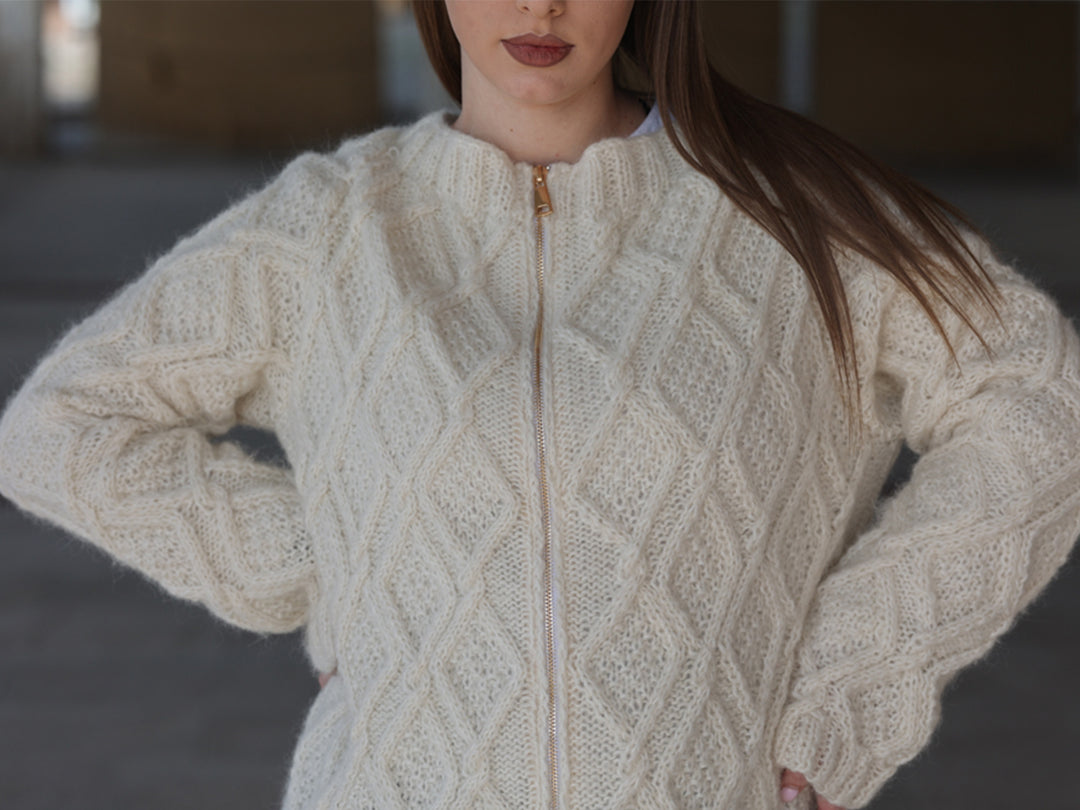 Baby Alpaca Cardigan, Hand Knit Cable Sweater, Cream Zip Front, Soft Lightweight Fit T2210