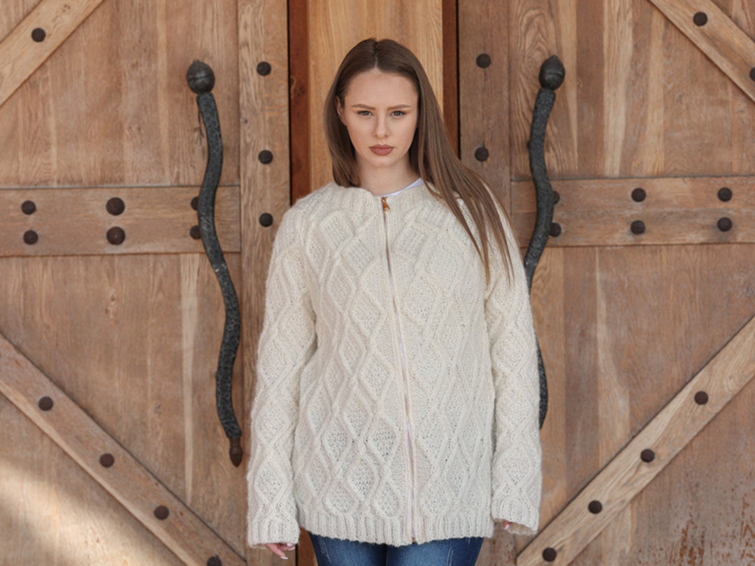 One available in size 2XL , Baby Alpaca Cardigan, Hand Knit Cable Zip Sweater T2210
