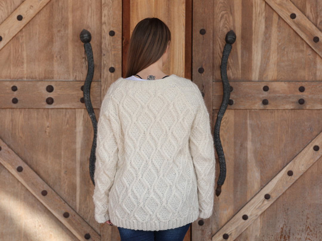 Baby Alpaca Cardigan, Hand Knit Cable Sweater, Cream Zip Front, Soft Lightweight Fit T2210