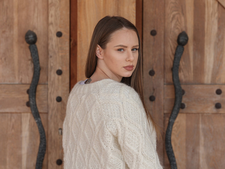 Baby Alpaca Cardigan, Hand Knit Cable Sweater, Cream Zip Front, Soft Lightweight Fit T2210