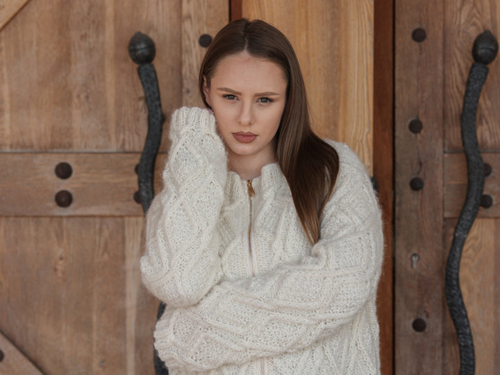 One available in size 2XL , Baby Alpaca Cardigan, Hand Knit Cable Zip Sweater T2210