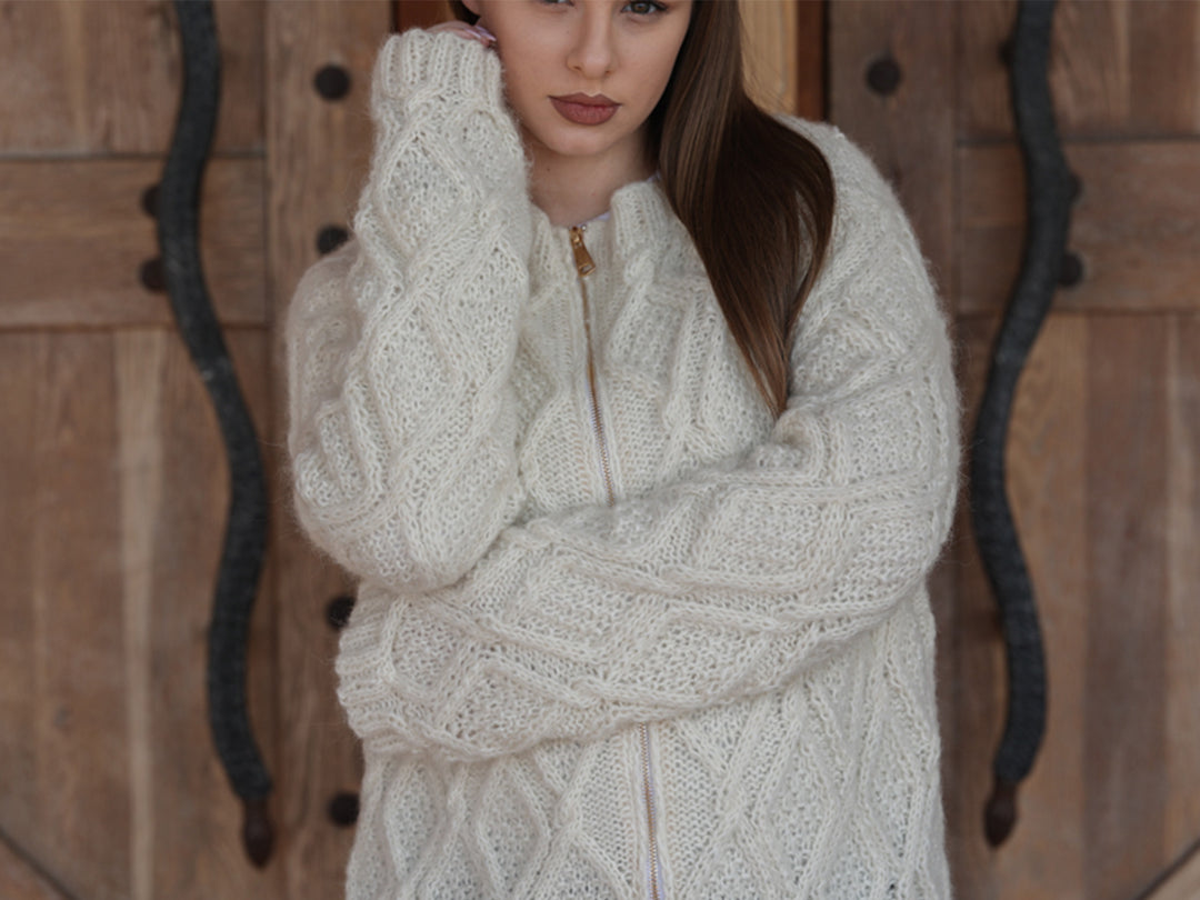 Baby Alpaca Cardigan, Hand Knit Cable Sweater, Cream Zip Front, Soft Lightweight Fit T2210