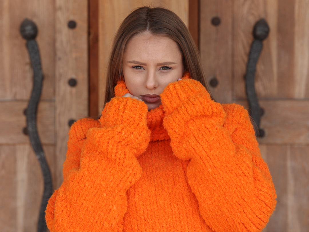 Neon Orange Turtleneck Sweater, Chunky Boucle Knit, Alpaca Wool Blend, Hand Knitted T2214