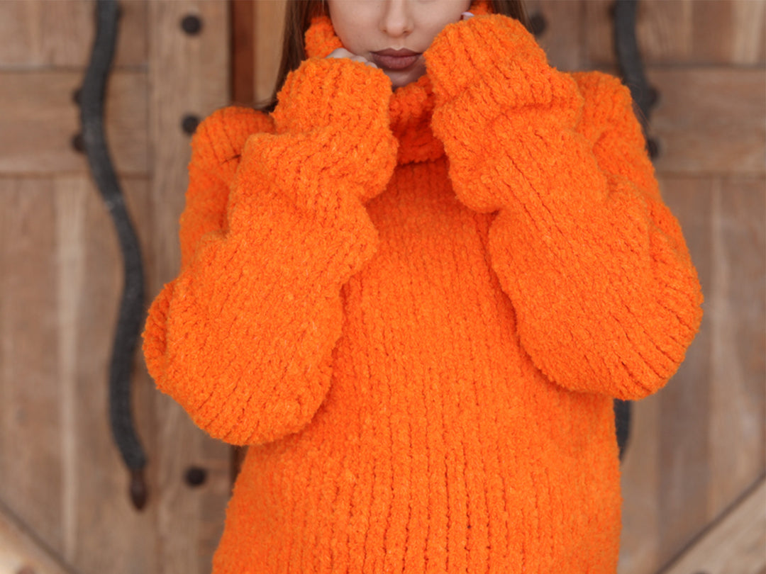 One available in size 2XL, Neon Orange Turtleneck Sweater ,Boucle Alpaca Wool  T2214