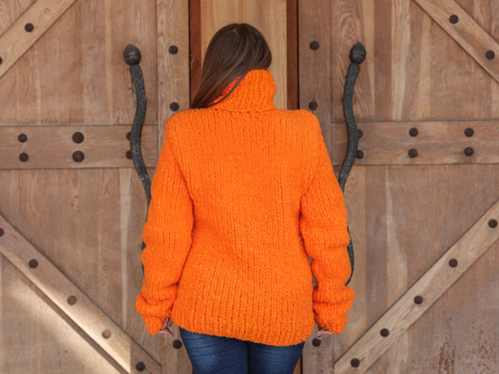 Neon Orange Turtleneck Sweater, Chunky Boucle Knit, Alpaca Wool Blend, Hand Knitted T2214