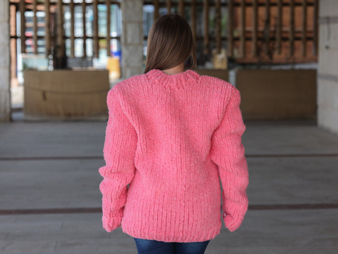 Alpaca Wool Sweater, Hand Knit Boucle Knit, Neon Pink Crewneck, Chunky Relaxed Fit T2212