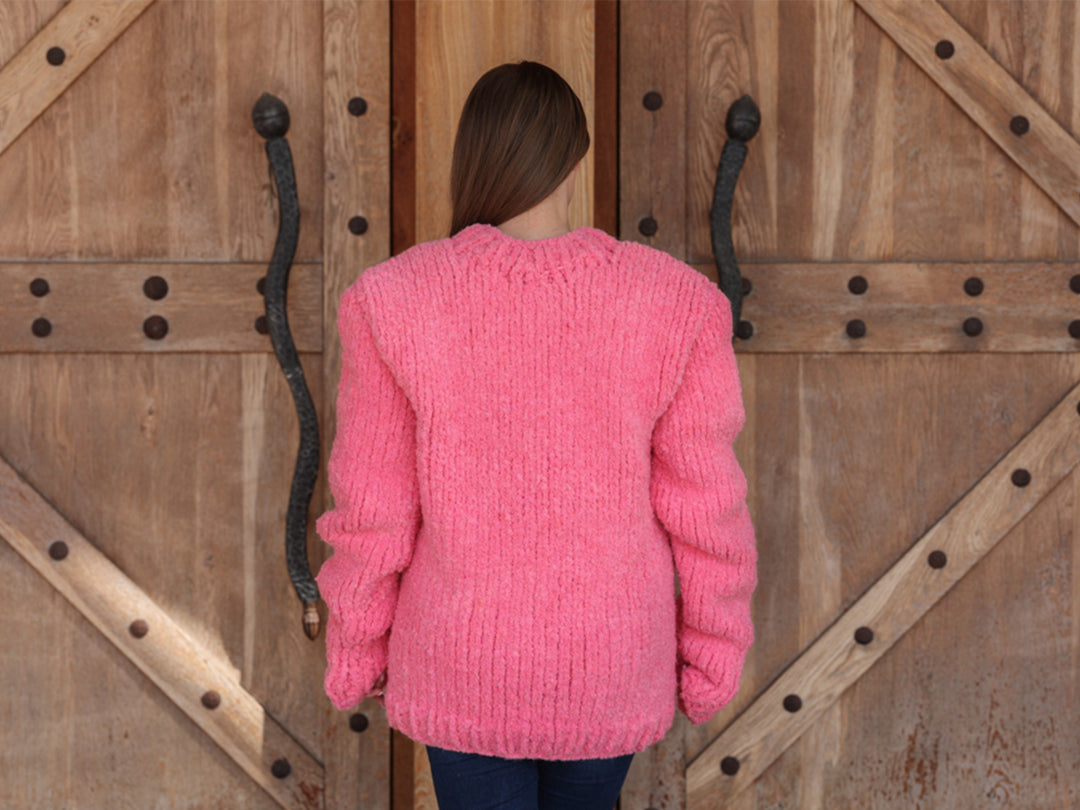 Alpaca Wool Sweater, Hand Knit Boucle Knit, Neon Pink Crewneck, Chunky Relaxed Fit T2212