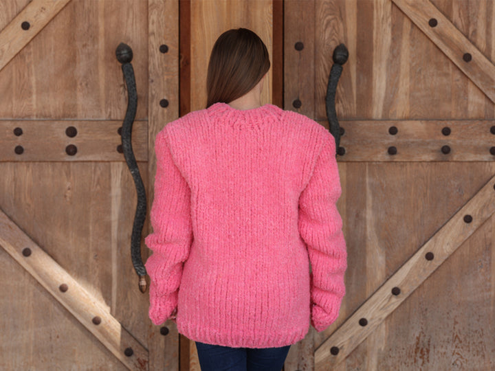 Alpaca Wool Sweater, Hand Knit Boucle Knit, Neon Pink Crewneck, Chunky Relaxed Fit T2212