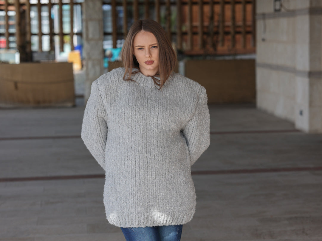 Alpaca Wool Sweater, Hand Knit Boucle Knit, Chunky Crewneck, Grey Relaxed Fit T2211
