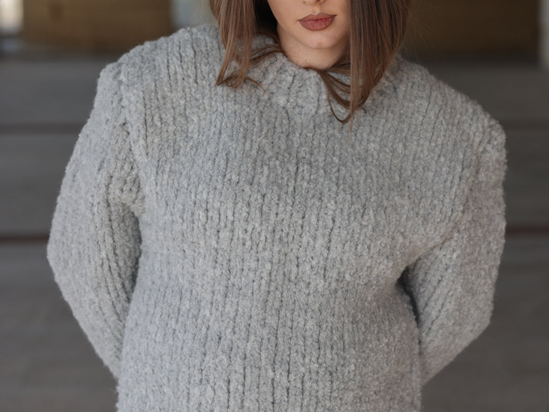 Alpaca Wool Sweater, Hand Knit Boucle Knit, Chunky Crewneck, Grey Relaxed Fit T2211