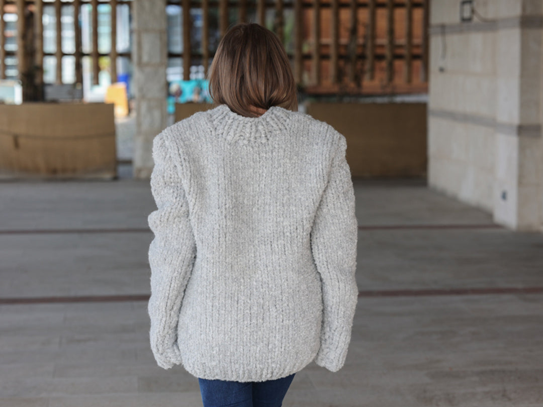 Alpaca Wool Sweater, Hand Knit Boucle Knit, Chunky Crewneck, Grey Relaxed Fit T2211