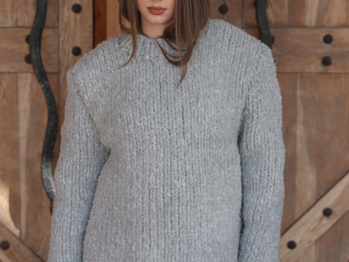 Alpaca Wool Sweater, Hand Knit Boucle Knit, Chunky Crewneck, Grey Relaxed Fit T2211