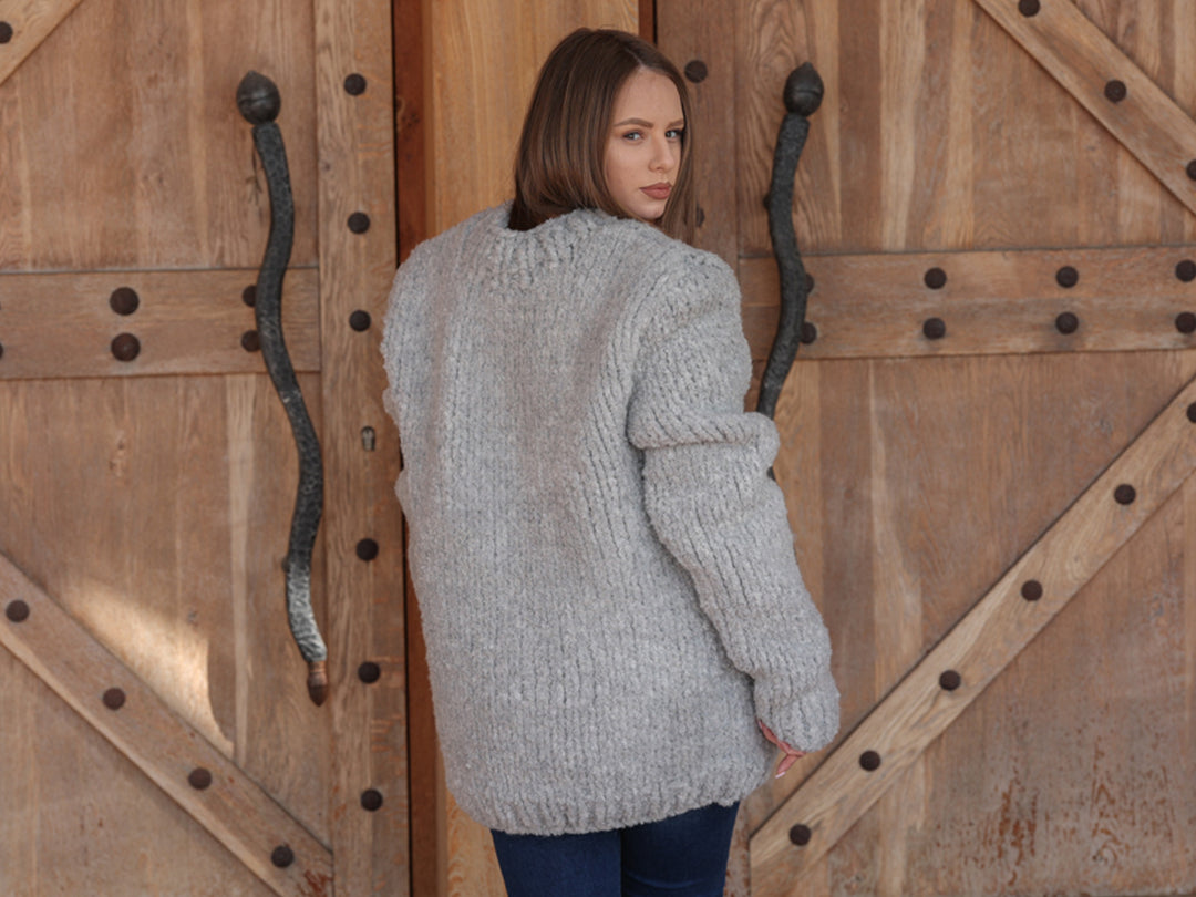 Alpaca Wool Sweater, Hand Knit Boucle Knit, Chunky Crewneck, Grey Relaxed Fit T2211