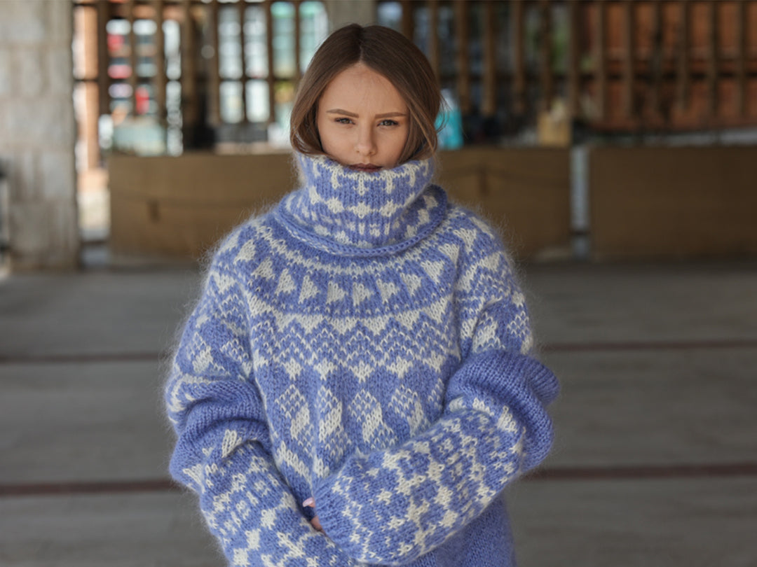 Icelandic Mohair Sweater, Blue Nordic Pattern, Hand Knitted Turtleneck Pullover, Oversized Fair Isle Knit T2224