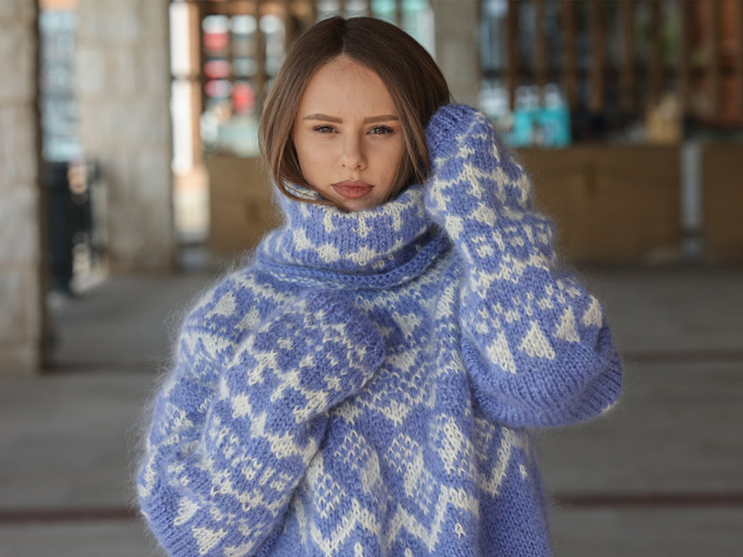 Icelandic Mohair Sweater, Blue Nordic Pattern, Hand Knitted Turtleneck Pullover, Oversized Fair Isle Knit T2224