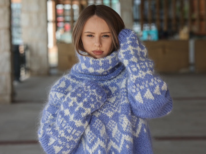 Icelandic Mohair Sweater, Blue Nordic Pattern, Hand Knitted Turtleneck Pullover, Oversized Fair Isle Knit T2224