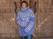 Isländischer Mohair-Pullover, blaues nordisches Muster, handgestrickter Rollkragenpullover, übergroßer Fair Isle Strick T2224