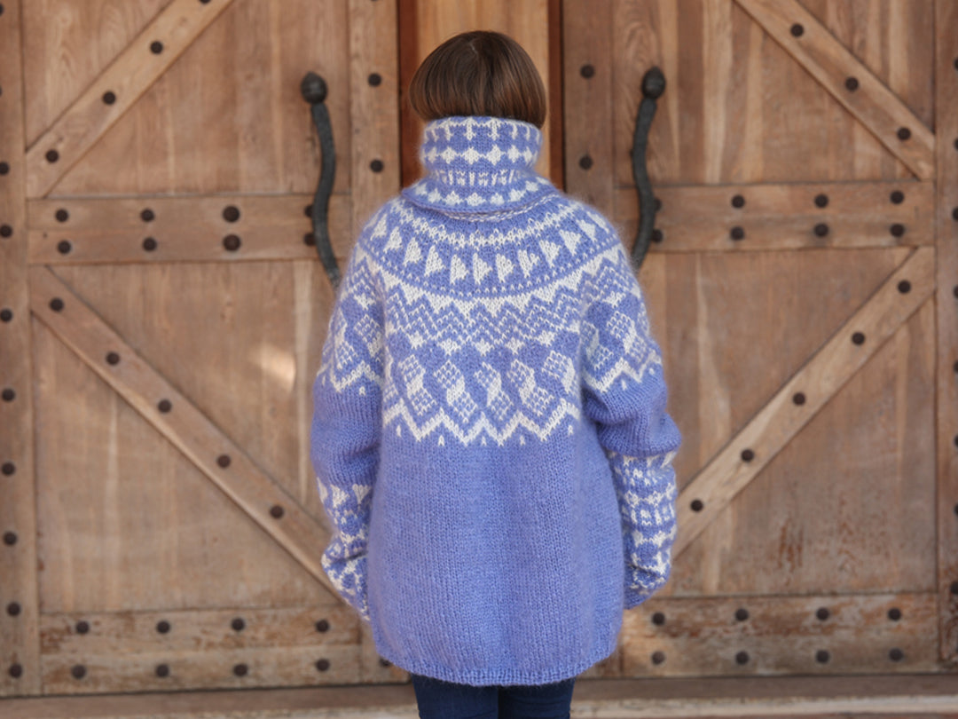 Icelandic Mohair Sweater, Blue Nordic Pattern, Hand Knitted Turtleneck Pullover, Oversized Fair Isle Knit T2224