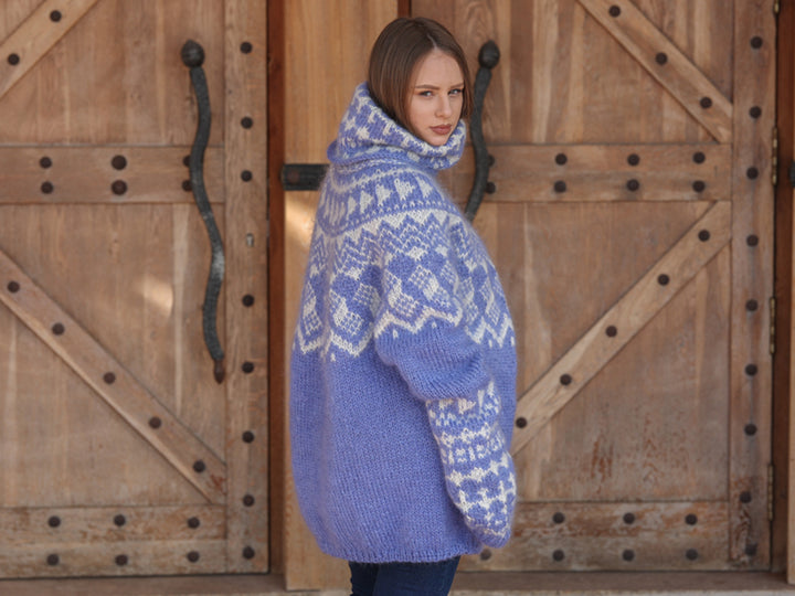 Icelandic Mohair Sweater, Blue Nordic Pattern, Hand Knitted Turtleneck Pullover, Oversized Fair Isle Knit T2224