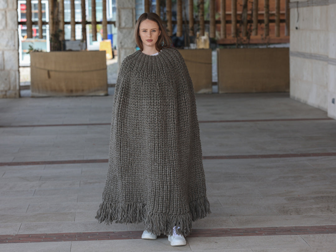 Wool Poncho, English Rib Cape, Fringe Hem Wrap T2205