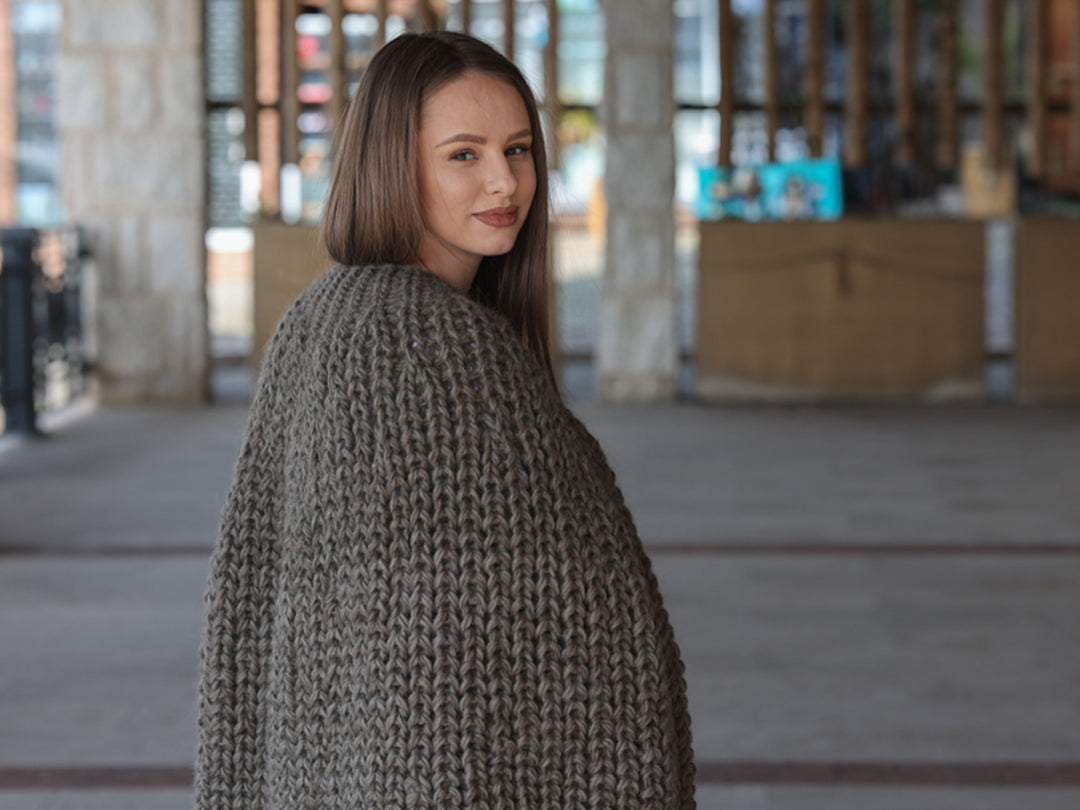 Wool Poncho, English Rib Cape, Fringe Hem Wrap T2205