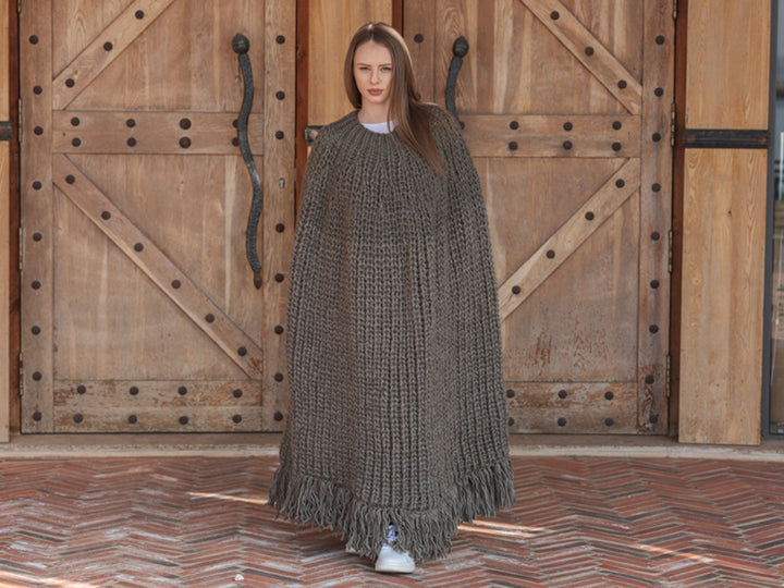 Wool Poncho, English Rib Cape, Fringe Hem Wrap T2205