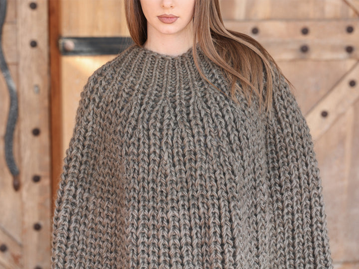 Wool Poncho, English Rib Cape, Fringe Hem Wrap T2205