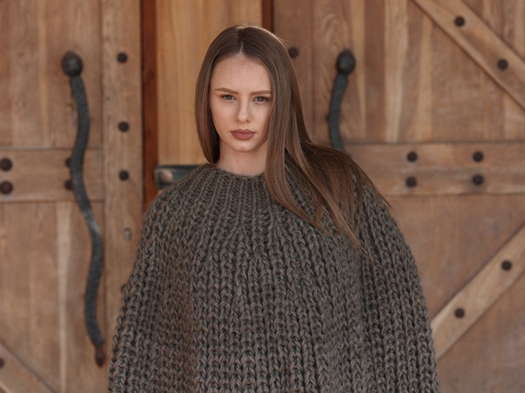 Wool Poncho, English Rib Cape, Fringe Hem Wrap T2205