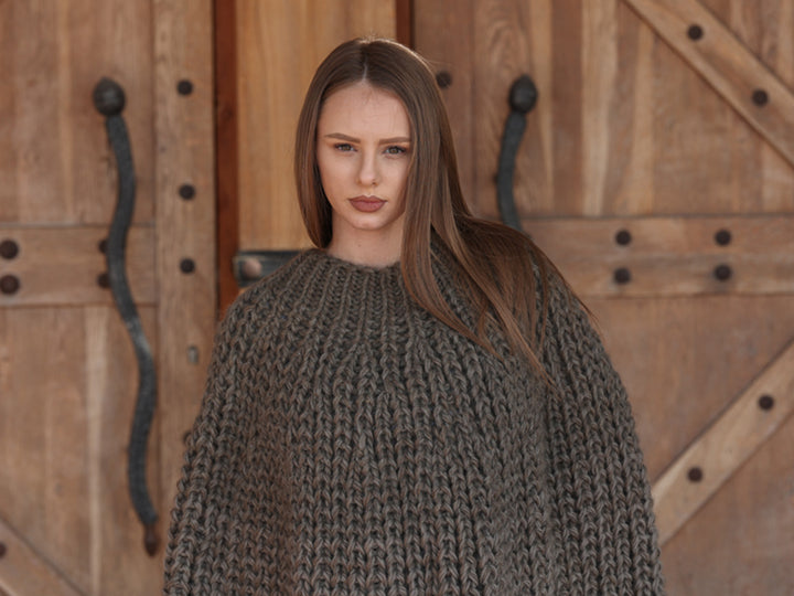 Wool Poncho, English Rib Cape, Fringe Hem Wrap T2205