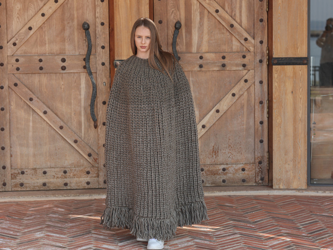Wool Poncho, English Rib Cape, Fringe Hem Wrap T2205