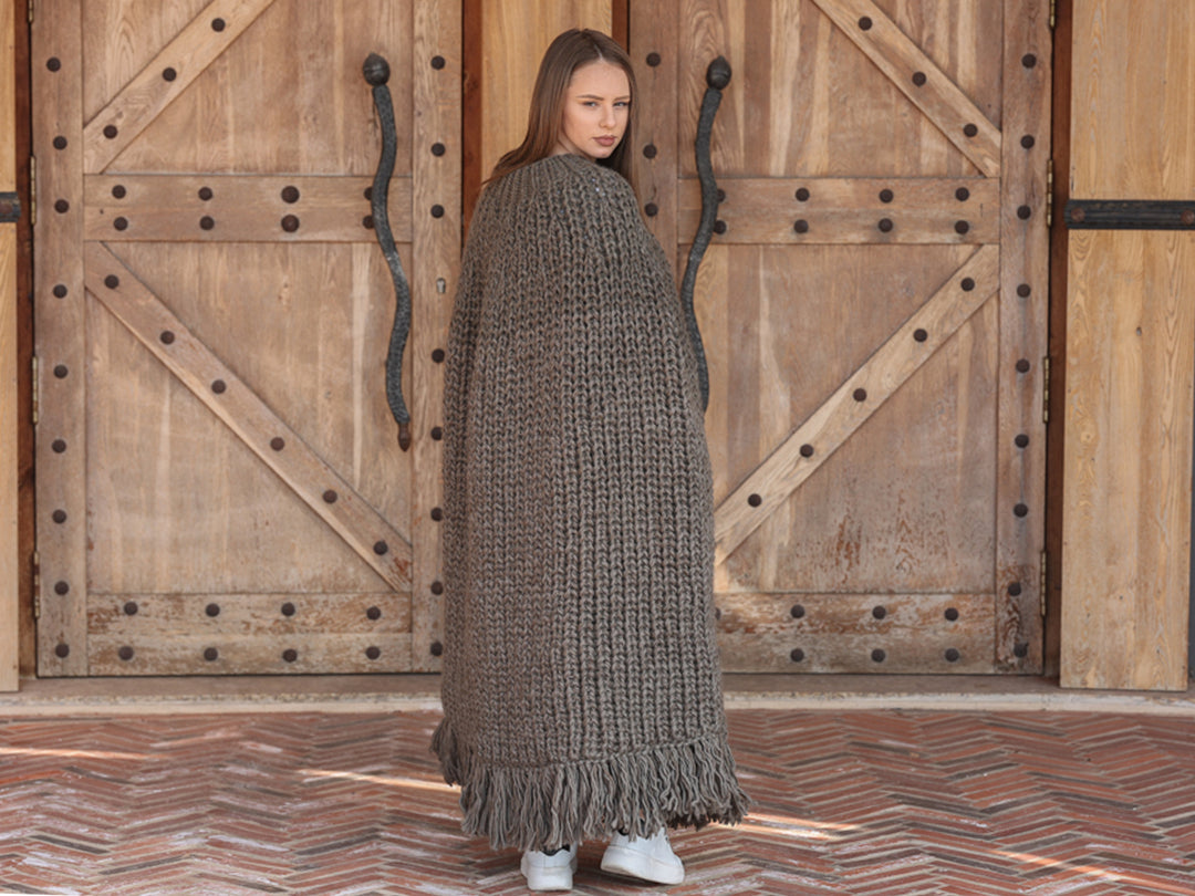 Wool Poncho, English Rib Cape, Fringe Hem Wrap T2205