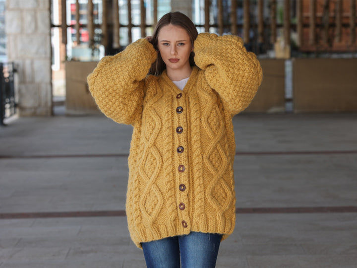 Alpaca Cardigan, Hand Knit Cable Sweater, Mustard Button Front, Chunky 18 Strand T2209