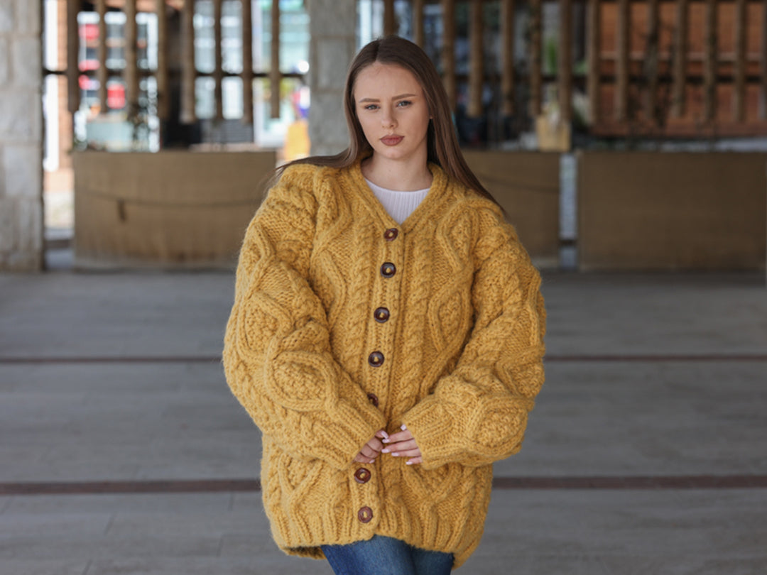 Alpaca Cardigan, Hand Knit Cable Sweater, Mustard Button Front, Chunky 18 Strand T2209