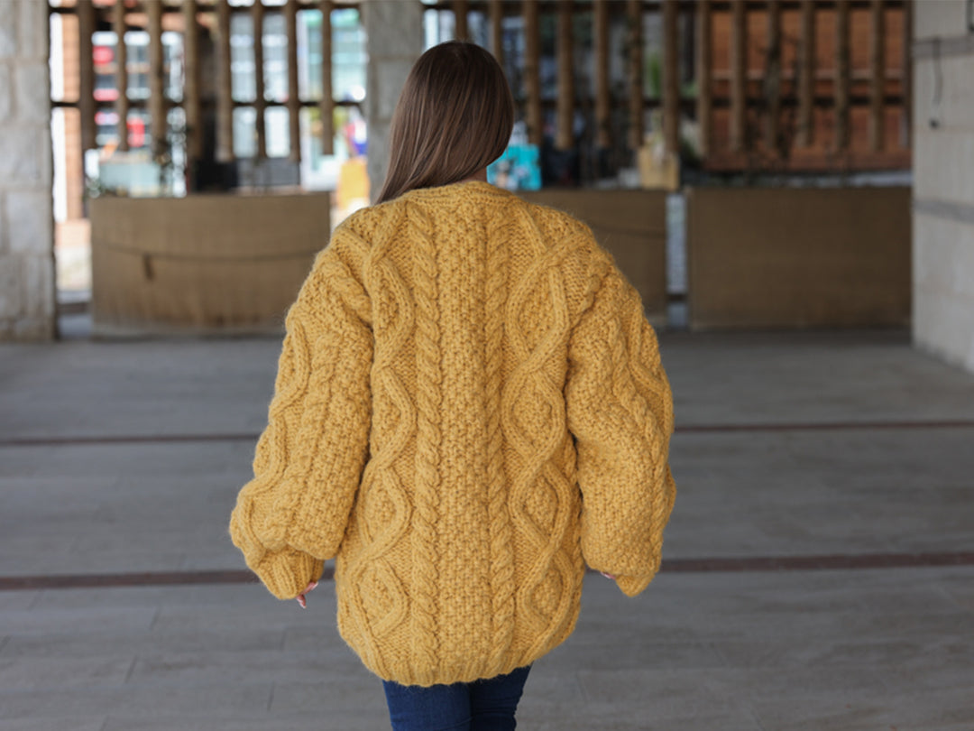 Alpaca Cardigan, Hand Knit Cable Sweater, Mustard Button Front, Chunky 18 Strand T2209