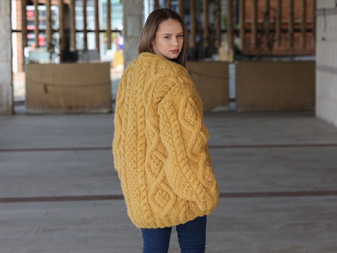 Alpaca Cardigan, Hand Knit Cable Sweater, Mustard Button Front, Chunky 18 Strand T2209