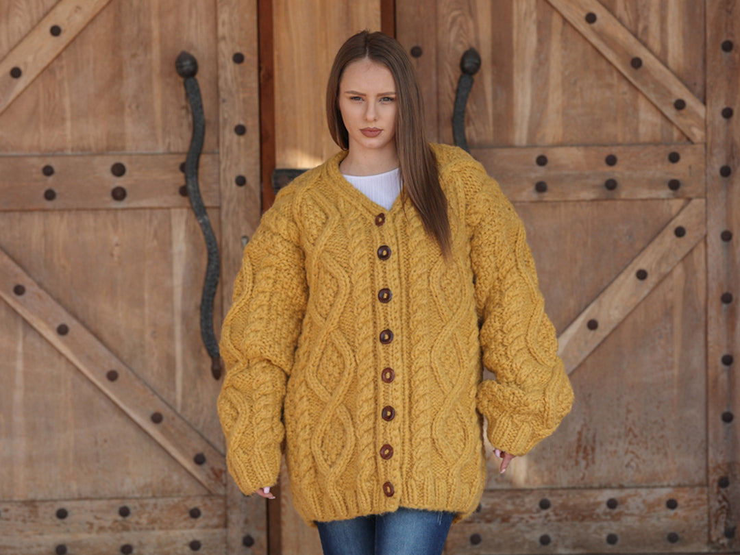 Alpaca Cardigan, Hand Knit Cable Sweater, Mustard Button Front, Chunky 18 Strand T2209